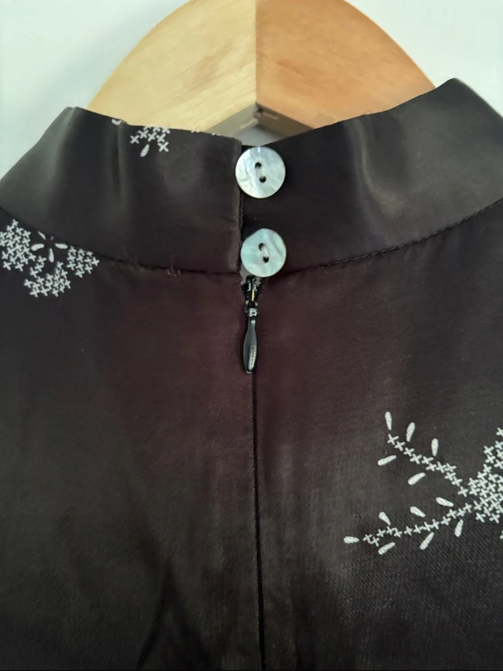 Celine Black Satin Cheongsam Midi Dress with Silver Floral Motifs - Picture 4 of 5